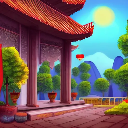 Image similar to vietnamese temple scene, 2 d game art background, level design, in style of lam manh