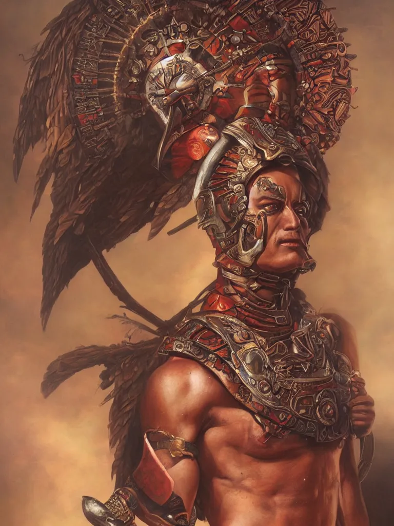 Prompt: Portrait of a Magical Aztec Warrior, by Tom Bagshaw and Manuel Sanjulian and Boris Vallejo, Hyperrealism
