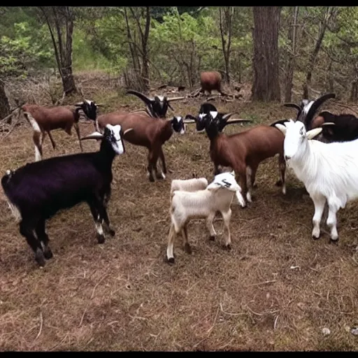 Prompt: trailcam footage of goats conducting a seance