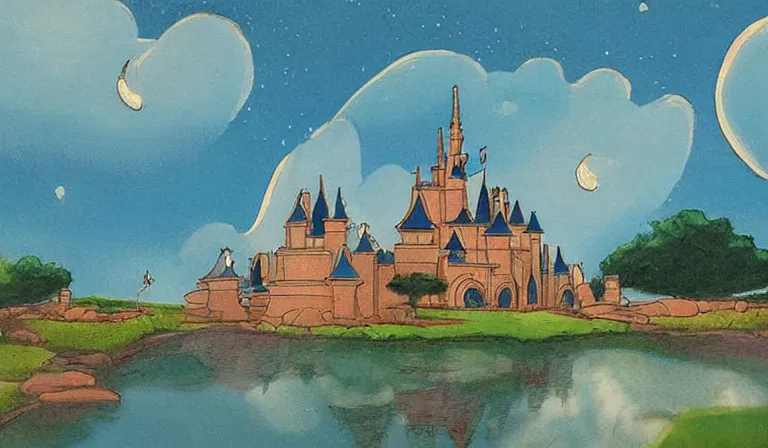 Image similar to A serene landscape with a singular building in the style of Walt Disney.