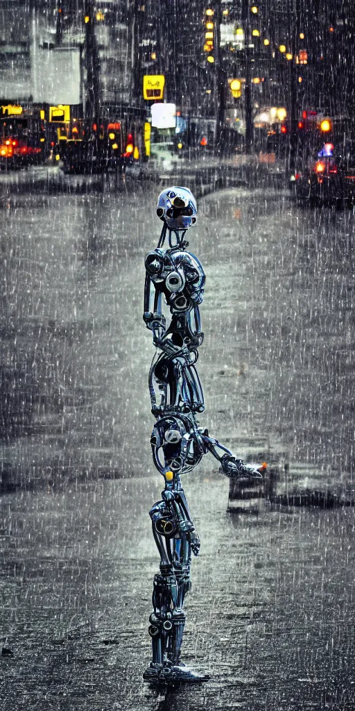 Image similar to robot on the road, city, photo, rain,