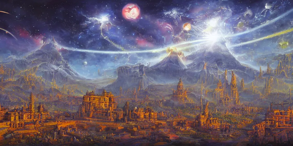 Image similar to fantasy oil painting, gleaming silver mega structure city, argos, indore, kailasa, ellora, hybrid, looming, small buildings, warm lighting, street view, overlooking, epic, interstellar space port launching dock, distant mountains, bright clouds, luminous sky, cinematic lighting, michael cheval, david palladini, oil painting, natural tpose