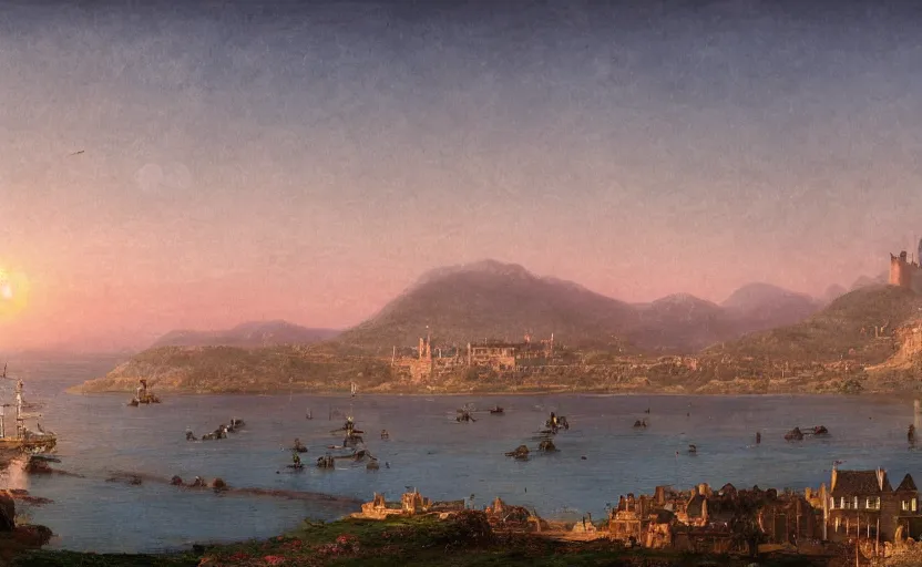 Prompt: early 1900s large port city with a castle on a hill overlooking the ocean, at dusk, distant mountains, 4k, rule of thirds, extreme detail, hazy water, intricate ink illustration, trending on artstation, cgsociety, hd, calm, complimentary colours, realistic lighting, by Albert Bierstadt, Frederic Edwin Church.