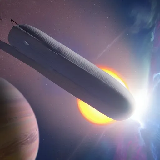 Image similar to spacex starship in orbit around jupiter, io is in the background, computer render, 3 d render, animation, concept, high quality