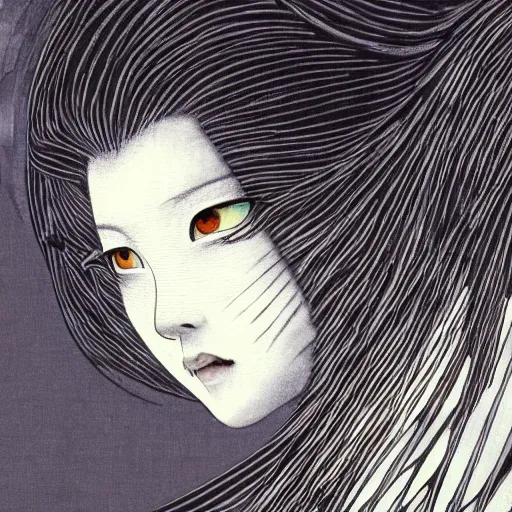 Image similar to yoshitaka amano blurred and dreamy realistic illustration of a japanese woman with black eyes, wavy white hair fluttering in the wind wearing elden ring armor with engraving, abstract patterns in the background, satoshi kon anime, noisy film grain effect, highly detailed, renaissance oil painting, weird portrait angle, blurred lost edges, three quarter view