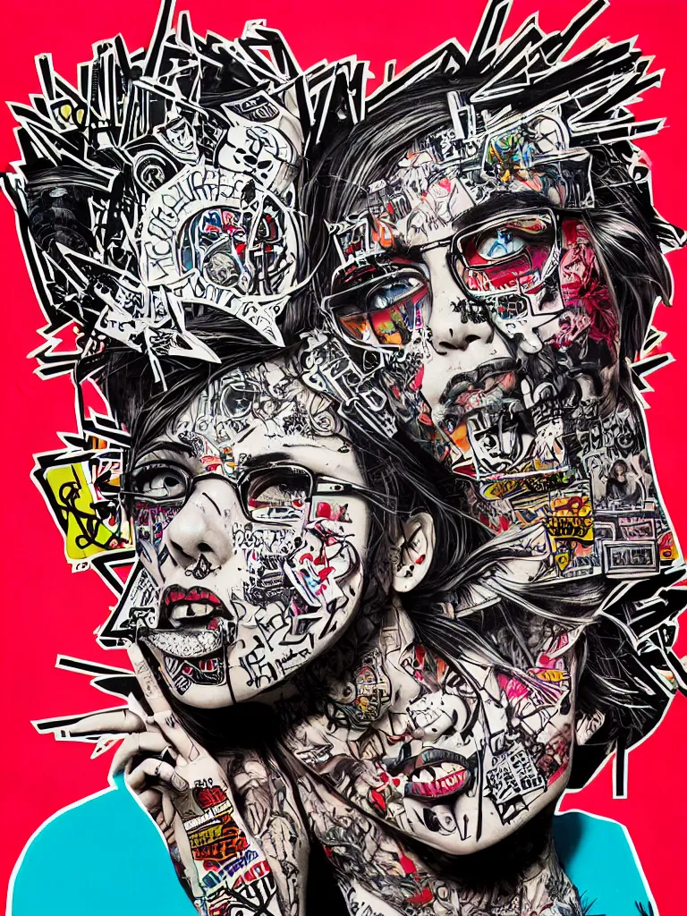 Prompt: a multilayered mixed media street art bursting with nostalgic pop culture references, punk symbols and tattoo designs, sharp details and in focus, high resolution, flat evenly lit background, art by stikki peaches