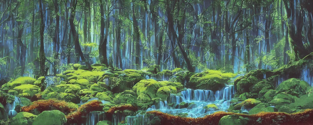 Prompt: deep forest, small rainbow river waterfall, light shimmering, water mists, big medium and small stones, wild flowers, subtle color variantions, summer rain, gentle mists, a white robed benevolent magician clothed in a royal garment in contemplation and meditation casts a benevolent white magic spell, by Eyvind Earle and Mary Blair