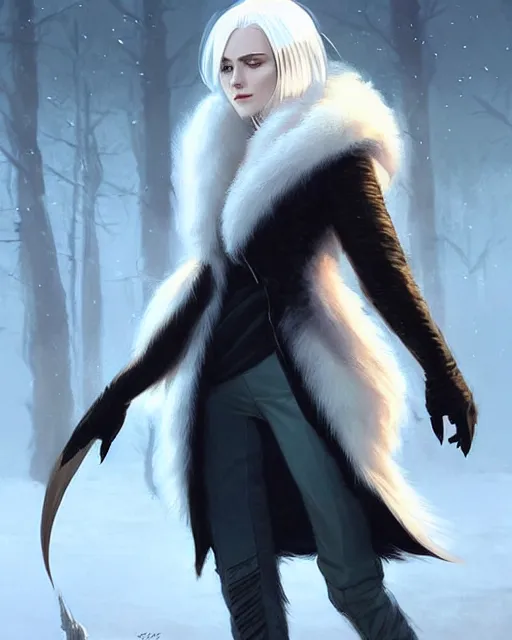 Image similar to dragon hunter wearing a fur - lined dragonhide jacket!!! beautiful and elegant white hair female!! symmetry, character concept art, sharp focus, illustration, artgerm!! greg rutkowski! wlop!! ilya kuvshinov!! charlie bowater! octane render! unreal engine 5! highly rendered!! trending on artstation!