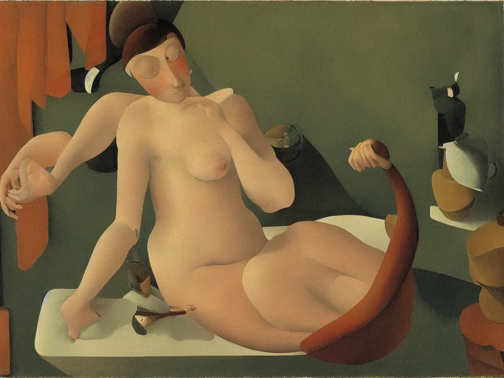 Prompt: Portrait of a blonde woman in the bathtub with amphora and crane. Painting by Balthus, Morandi, Georgia O'Keefe