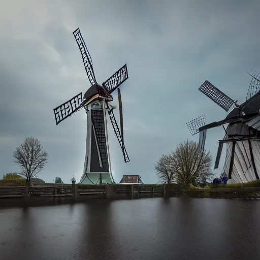 Image similar to cyberpunk alkmaar windmill solarpunk 8 k photo award winning