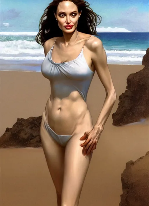 Prompt: portrait angelina jolie as sea lifeguard on the beach, full length shot, shining, 8k highly detailed, sharp focus, illustration, art by artgerm, mucha, bouguereau