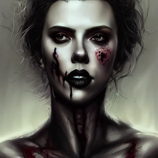 Prompt: detailed portrait of scarlett johansson as a cute undead zombie goth monster girl, beautiful, fantasy, intricate, elegant, highly detailed, digital painting, artstation, concept art, matte, sharp focus, illustration, art by aenaluck, artgerm and roberto ferri and greg rutkowski, epic fantasy, digital painting