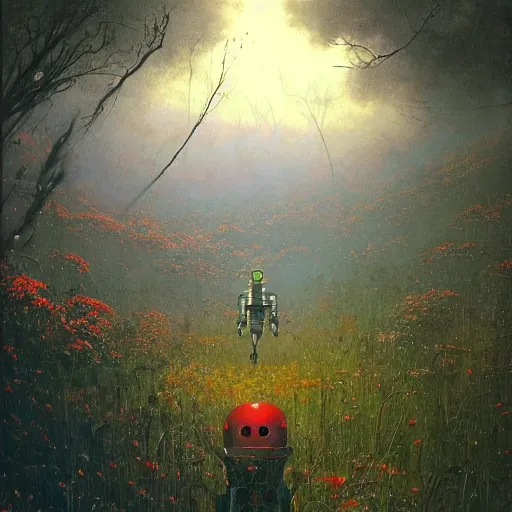 Prompt: a hyperdetailed national geographic photo of an abandoned apocalyptic robot partially covered in overgrown wildflowers by jakub rozalski by moebius by rhads by roger dean by paul lehr