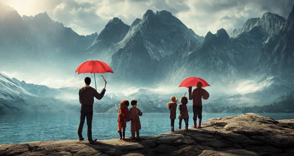 Image similar to An epic landscape photograph of a Mountainrange and a lake, with A family at the center of the image. The man is holding a blue umbrella in his right hand, unreal 5, DAZ, hyperrealistic, octane render, dynamic lighting