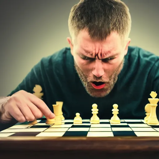 Prompt: angry man flipping over the chessboard after losing, ultra realistic