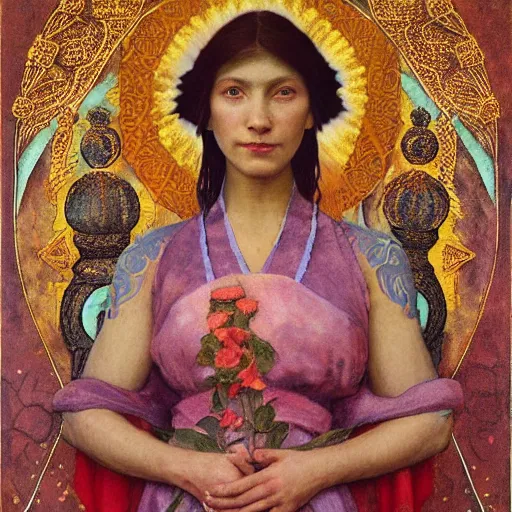 Image similar to queen of the dawn with her lantern and regalia, by Annie Swynnerton!! and Nicholas Roerich! and ((((((Tino Rodriguez and Diego Rivera)))))), embroidered robes, floral tattoos, bioluminescent skin!, elaborate costume, geometric ornament, symbolist, soft colors, dramatic lighting, smooth, sharp focus, extremely detailed