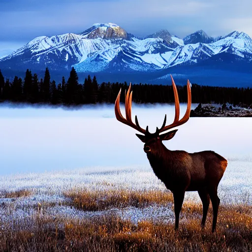 Prompt: statuesque elk in front of the Rocky Mountains at dawn, realistic, photograph, high quality, ultraHD, award winning, national geographic