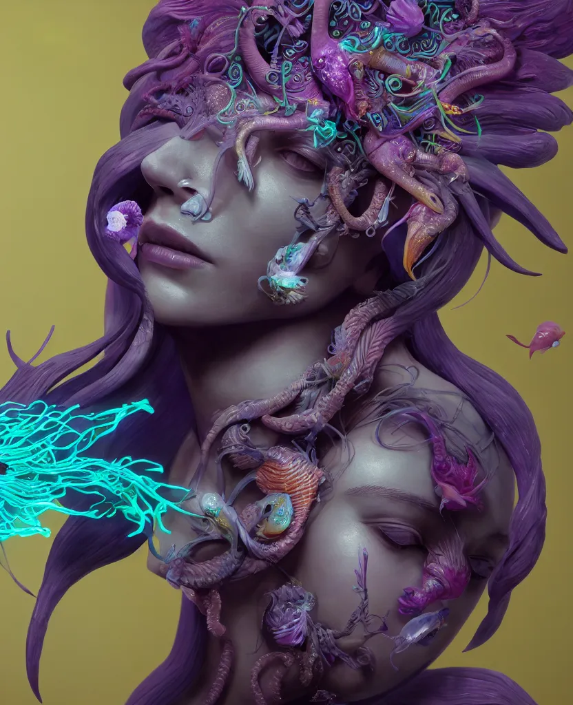 Image similar to goddess full color painted acryllic sculpture close-up portrait. orchid bird phoenix head, nautilus, skull, betta fish, bioluminiscent creatures, intricate artwork by Tooth Wu and wlop and beeple. octane render, trending on artstation, greg rutkowski very coherent symmetrical artwork. cinematic, hyper realism, high detail, octane render, 8k