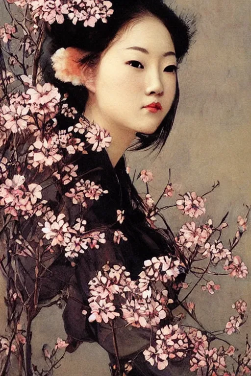 Image similar to close - up fashion asian woman portrait airy flowers clouds art by vasnetsov