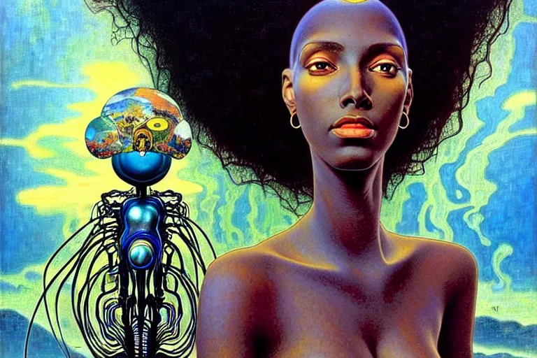 Image similar to realistic extremely detailed portrait painting of a beautiful black woman with a robot, futuristic sci-fi landscape on background by Jean Delville, Amano, Yves Tanguy, Ilya Repin, Alphonse Mucha, Ernst Haeckel, Edward Robert Hughes, Roger Dean, rich moody colours, blue eyes