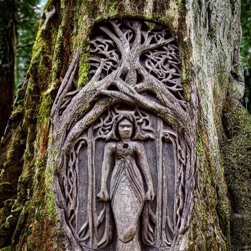 Prompt: an old living tree with a carving of the goddesses fraya, award winning photo, day time photos, 8 k photography.