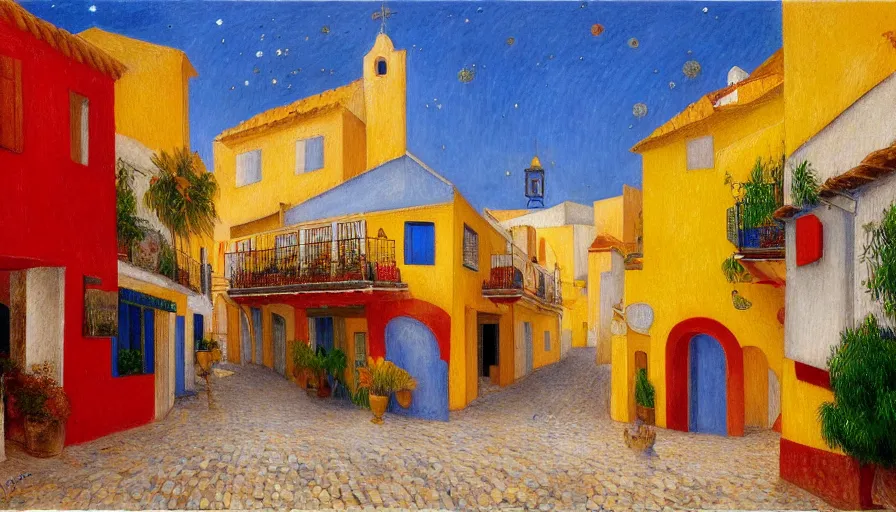 Image similar to a 1 9 9 8 southern spain town painted by arthur bispo do rosario, jules bastien - lepage, tarsila do amaral, frank weston and gustave baumann, trending on artstation, mediterranean, star, sharp focus, colorful refracted sparkles and lines, soft light, 8 k 4 k