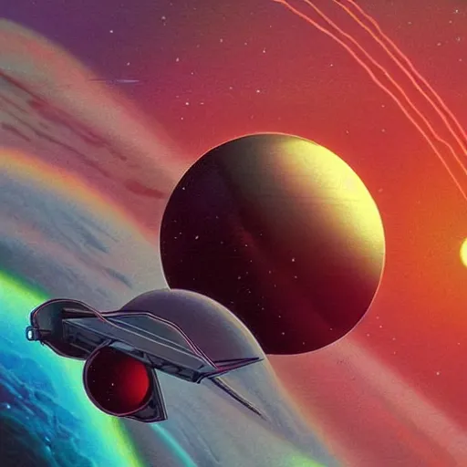 Prompt: a nasa ship entering the atmosphere of a planet, 1 9 7 0 s illustration, saturated colors
