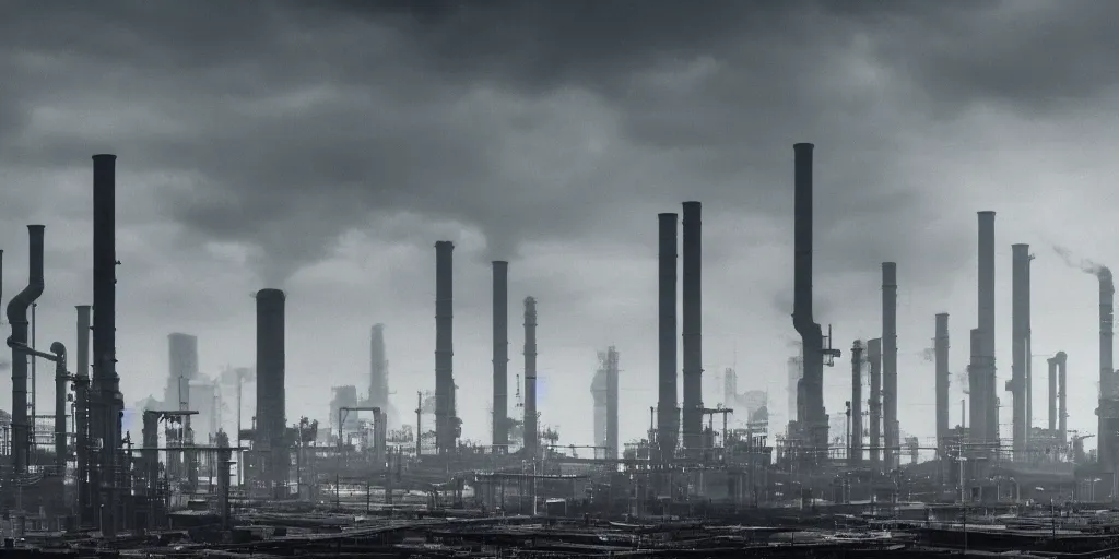 Image similar to industrial science-fiction landscape, huge mechanical towers, ground full of factories and pipes, under a dark cloudy sky, in the style of Blade Runner