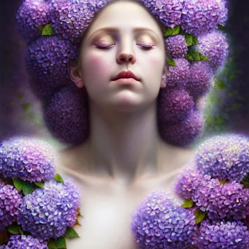 Image similar to portrait of a lilac hair beautiful goddess of light through hydrangeas flowers, soft rose, and dried petals, painterly, methaphoric, intricate and elegant, highly detailed photorealistic painting, decorative lines, sharp focus, 8 k, by tomasz alen kopera, h 6 6 0