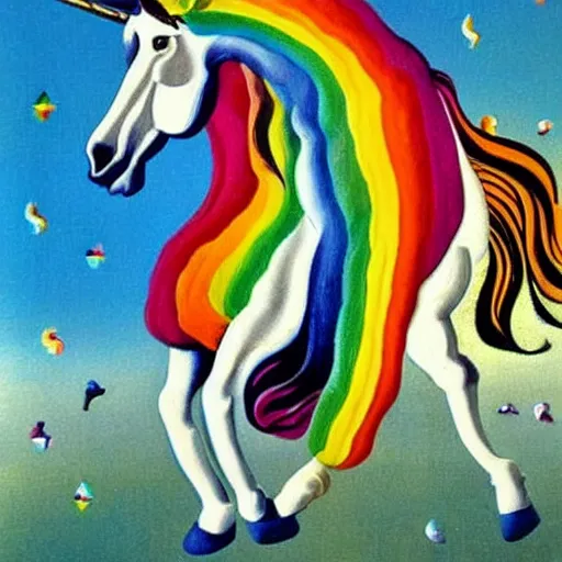 Image similar to A unicorn with rainbow color by Salvador Dali
