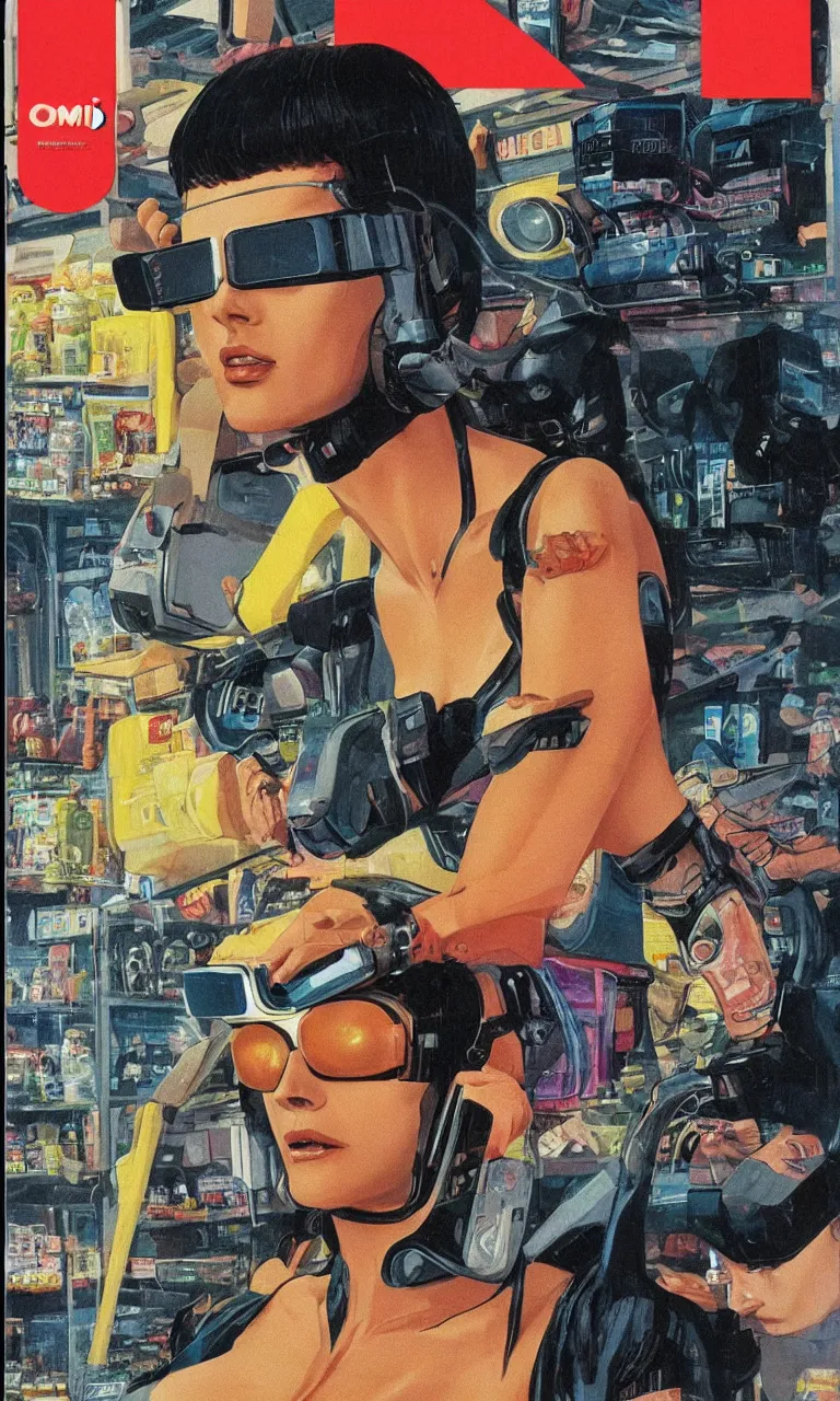 Prompt: 1979 OMNI Magazine Cover depicting a portrait of a Beautiful woman wearing AR goggles in a grocery store. Cyberpunk Akira style by Vincent Di Fate