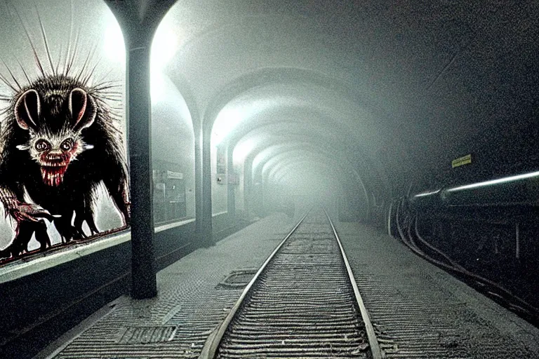 Image similar to very large giant mutant zombie irradiated ( angry rat ) staying on railways in tonnel of moscow subway. tonnel, railways, giant angry rat, furr, fangs, claws, very realistic. fog, extreme long shot, herman nitsch, giger.