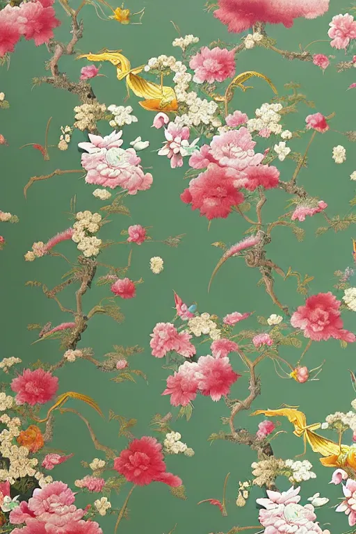 Image similar to Maximalism Chinoiserie floral wallpaper by Craig Mullins, pixar