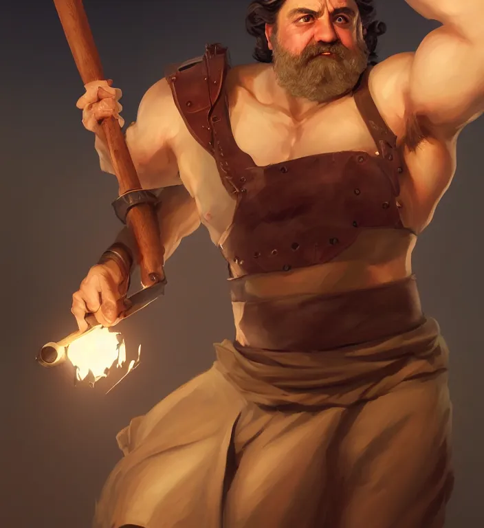 Image similar to masterpiece portrait of a greek god hephaestus, top lighting, holding forge hammer, art by charlie bowater and wenjun lin and starember and gil elvgren, ilya kuvshinov, cryengine, lumion render, 8 k realistic hyper detailed, digital painting, artstation, concept art, ray tracing, realistic shaded