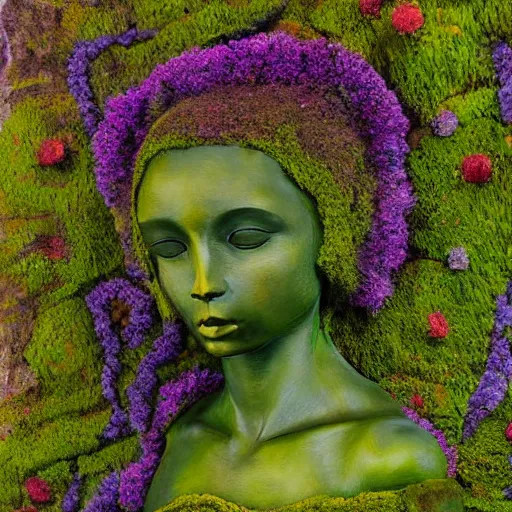 Image similar to a beautiful fantasy painting of a sculpture made of moss and flowers