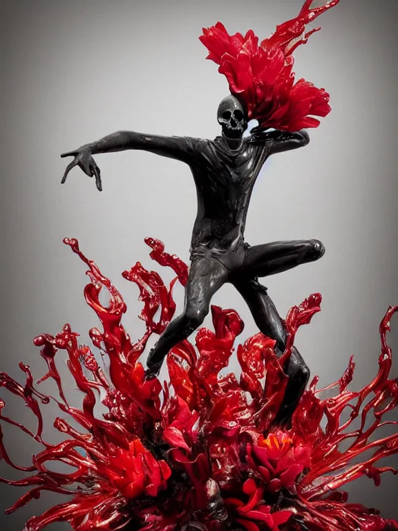 Prompt: a falling man with many big flowers birds in the form of a wax liquid sculpture cardinale standing. sculpture by Giacomo Manzù. bubbling red wax, super hero pose, skull, flowers, baroque. intricate. Trending on artstation. octane render, cinematic, hyper realism, octane render, 8k, depth of field, bokeh. iridescent accents. vibrant. teal and gold and red colour scheme