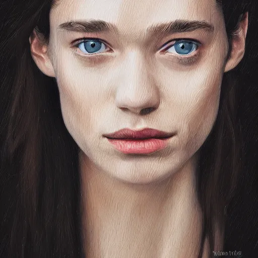 Image similar to professional painting of Astrid Frisbey in the style of Paola Vetri, head and shoulders portrait, symmetrical facial features, smooth, sharp focus, illustration, intricate, stormy weather, extremely detailed masterpiece,