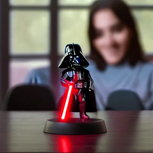 Image similar to a darth vader funko pop wielding a red lightsaber on a table inside a suburban house