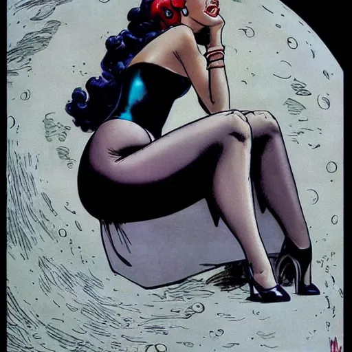 Prompt: a pin up sitting on a stylized moon, by milo manara