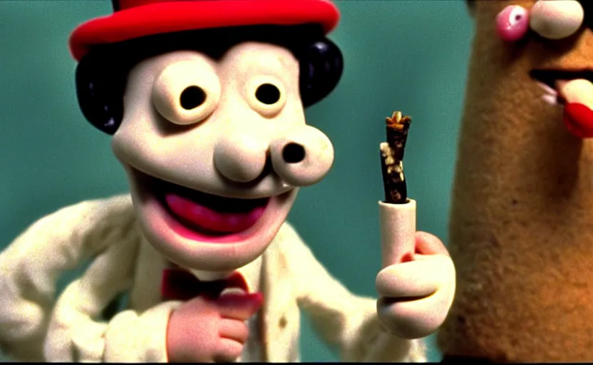 Image similar to Wallace smoking crack from a crack pipe in a still from the short movie A Grand Day Out (1989), crack cocaine, Wallace and Gromit, Aardman Animations, claymation, 4k, high quality