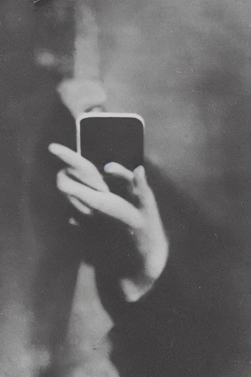 Image similar to 1 9 0 0 s photo of a person looking at an iphone photo grain double exposure masterpiece