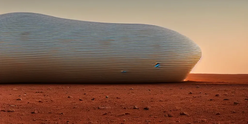 Prompt: a strange huge translucent pvc inflated organic architecture building white by jonathan de pas sits in the planet mars landscape, golden hour, film still from the movie directed by denis villeneuve with art direction by zdzisław beksinski, close up, telephoto lens, shallow depth of field