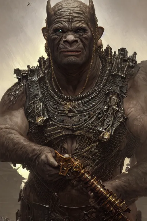 Prompt: realistic render portrait of an orc with intricate armor , intricate, dystopian toy, sci-fi, extremely detailed, digital painting, sculpted in zbrush, artstation, concept art, smooth, sharp focus, illustration, chiaroscuro lighting, golden ratio, incredible art by artgerm and greg rutkowski and alphonse mucha and simon stalenhag