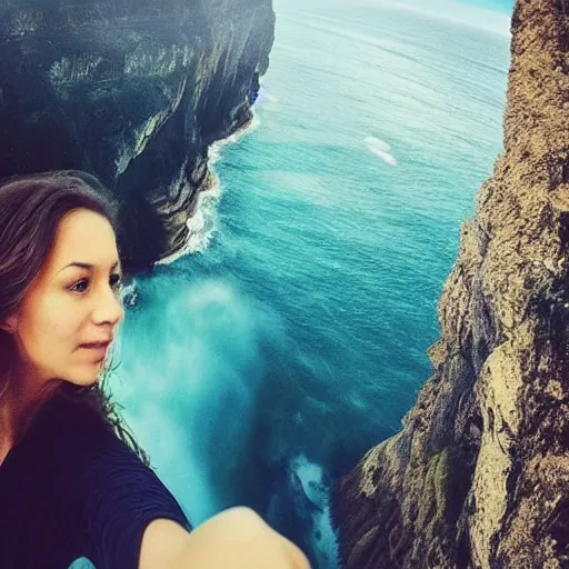 Image similar to Selfie of a beautiful woman with gorgeous flowy hair, standing over a cliff, beautiful volumetric lighting, subsurface scattering, (((((vivid))))) atmosphere, radiant sunshine, trending on artstation, 4k, 8k, artstation portrait imagery, fisheye!!!!! lens, instagram!!!!! selfie!!!!!