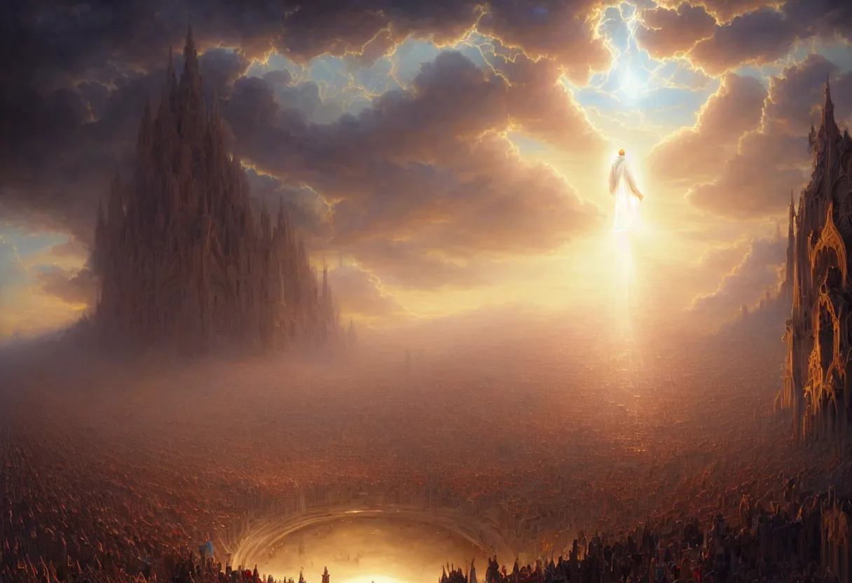 Image similar to opened gates of heaven with millions of people ascending to heaven, biblical, fantasy, intricate, elegant, highly detailed, digital painting, artstation, concept art, smooth, sharp focus, octane render, dramatic lighting, volumetric lighting, cinematic lighting, art by artgerm and greg rutkowski and alphonse mucha and wlop