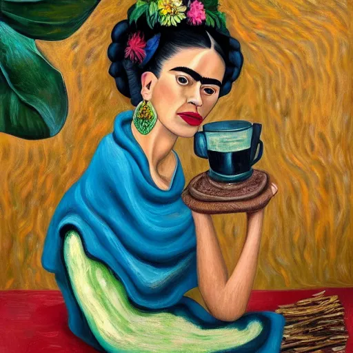 Prompt: highly detailed oil painting of coffee, rendered in 4 k, inspired by the style of frida kahlo, van gogh, monet, picasso and dali