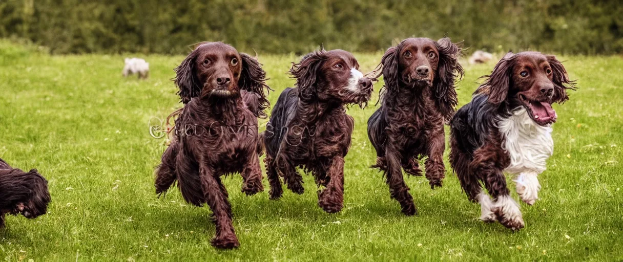 Prompt: Two spaniel dogs running, one very light brown spaniel dog white hair chest and one is a black spaniel dog with white hair chest running in a meadow low angle realism coherent focus epic background 4k