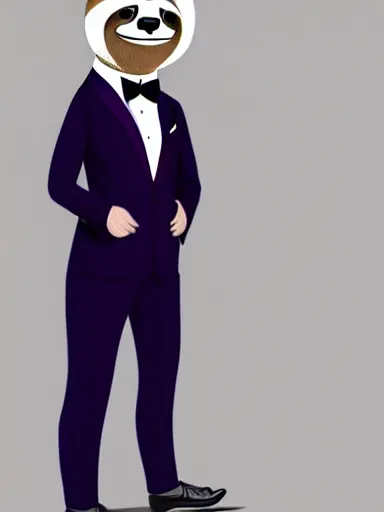 Prompt: full body portrait of anthropomorphic sloth in men's formalwear : : digital art, concept art, digital illustration, photorealism, hyperreal