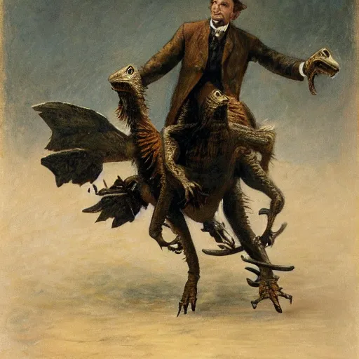 Prompt: jules vern riding a velociraptor