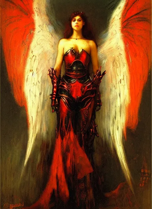 Prompt: angel knight gothic girl in dark and red dragon armor. by gaston bussiere, by rembrandt, cinematic lightning